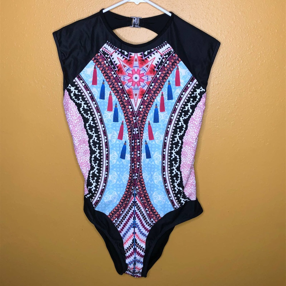 Black Cap Sleeve One Piece Swimsuit, L